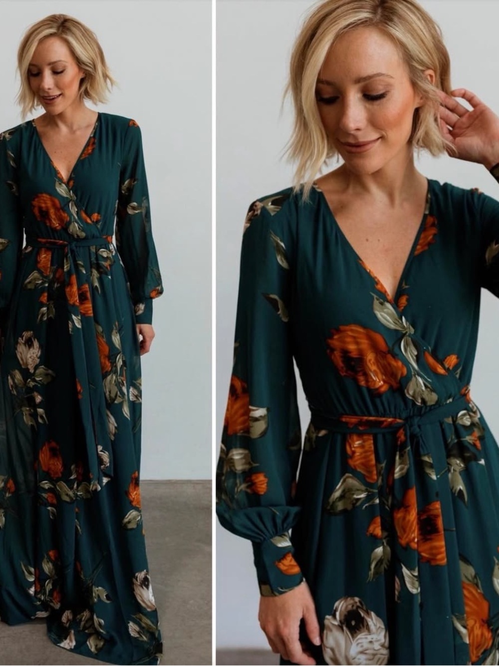 Baltic Born - Deep Topaz Floral Maxi Wrap Dress - Long Sheer Sleeves - XXL